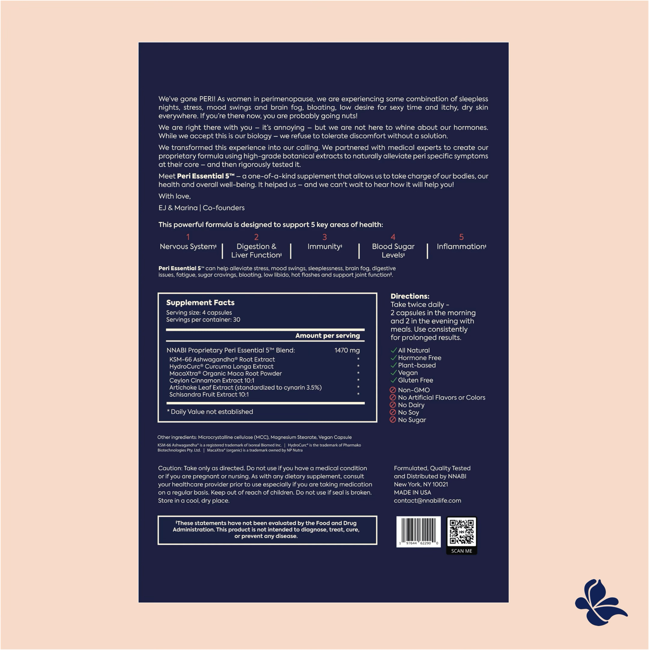 Peri Essential 5™ supplement facts and ingredient panel on NNABI pouch